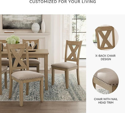 Signature Design by Ashley Sanbriar Casual Dining Table and Upholstered Chairs with Nailhead Trim, Set of 7, Light Brown & Beige