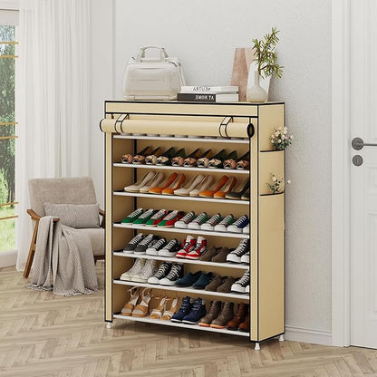 Calmootey 7 Tier Shoe Rack Organizer to Hold 35 Pairs, Portable Shoe Shelf with Nonwoven Fabric Cover for Closet Hallway, Bedroom, Entryway, Beige