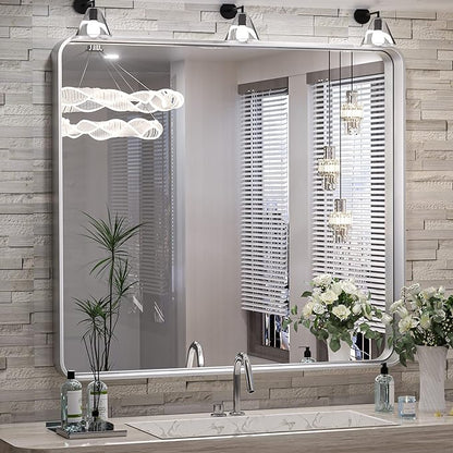 TokeShimi 36 x 36 Inch Wall Mirror Brushed Silver Bathroom Vanity Mirror with Metal Frame Aluminum Alloy Soft Rounded Corner for Modern Farmhouse Wall Decor 1”Deep (Horizontal/Vertical)