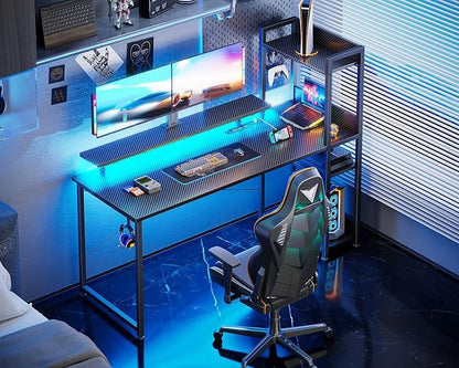 ODK Reversible 55 Inch Gaming Desk with USB Charging Port and LED Lights, Computer Desk with Storage Shelves and Monitor Stand, Study Table for Home Office, Morden Desk for Bedroom, Carbon Fiber Black