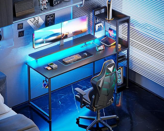 ODK Reversible 55 Inch Gaming Desk with USB Charging Port and LED Lights, Computer Desk with Storage Shelves and Monitor Stand, Study Table for Home Office, Morden Desk for Bedroom, Carbon Fiber Black