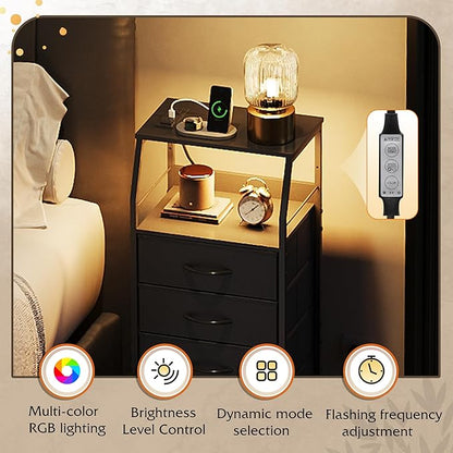 WLIVE Night Stand Set of 2 with Charger Station, Nightstand Sets with LED Light and 4 Storage Drawers, Tall Dressers for Bedroom, Bedside Tables with Fabric Bins, Wood Shelf, Metal Frame, Black