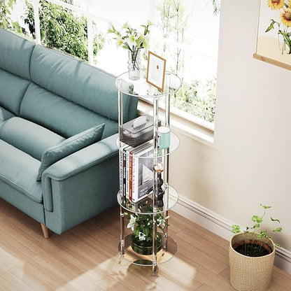 Clear Round Acrylic Side Table for Small Spaces, 11.81" L x 11.81" W x 38.7" H, 4 Tier Small Modern Drink End Table Nightstand, Minimalist Bedside Table for Living Room, Bedroom, Bathroom