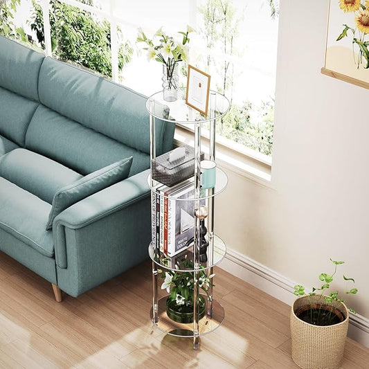 Clear Round Acrylic Side Table for Small Spaces, 11.81" L x 11.81" W x 38.7" H, 4 Tier Small Modern Drink End Table Nightstand, Minimalist Bedside Table for Living Room, Bedroom, Bathroom