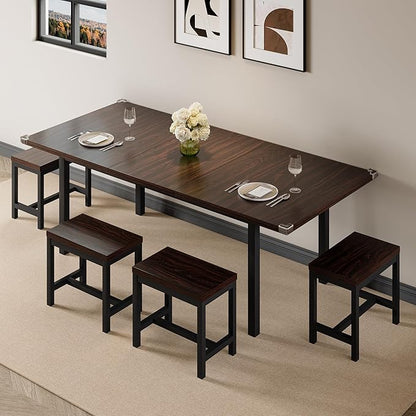 7-Piece Dining Table Set, 63" Extendable Kitchen Room Table with 6 Stools, Mid Century Modern Dinner Table with Metal Frame & MDF Board, Space-Saving, Easy Assembly, Espresso