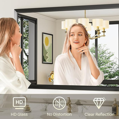 36x30 Inch Black Bathroom Mirror for Wall, Thick Metal Framed Rectangle Mirrors for Over Sink, Bedroom, Living Room, Entryway, Anti-Rust, HD Tempered Glass