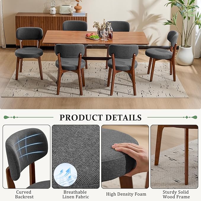 Furniliving Wooden Dining Chairs Set of 6, Mid-Century Modern Linen Upholstered Kitchen Chair with Solid Oak Wood, Farmhouse Dining Room Chairs, Grey