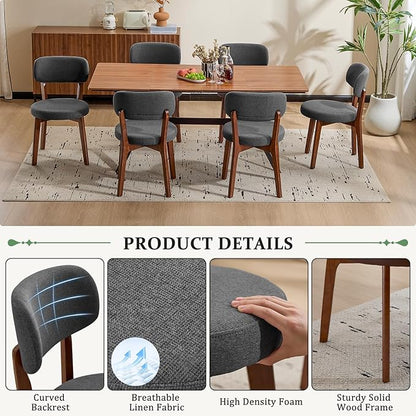 Furniliving Wooden Dining Chairs Set of 4, Mid-Century Modern Linen Upholstered Kitchen Chair with Solid Oak Wood, Farmhouse Dining Room Chairs, Grey