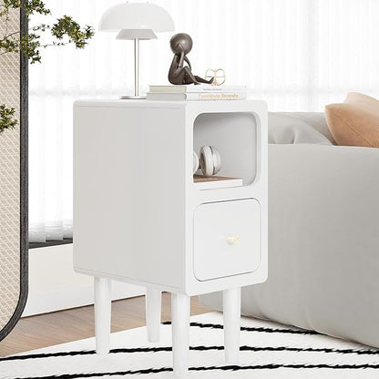 Narrow Nightstand, Solid Wood Night Stand with Drawers, White Mid Century Modern Nightstand, Small Beside Table with Open Storage Shelf for Bedroom (10 inch)