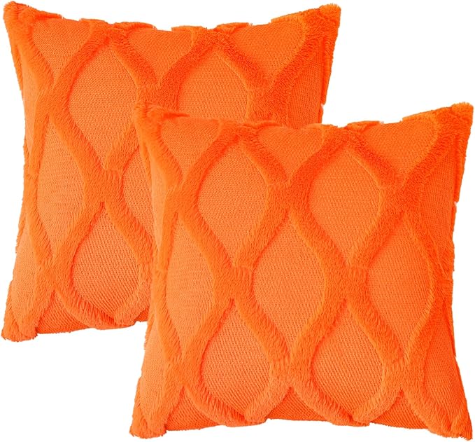 decorUhome Fall Throw Pillow Covers 26x26 Inch Set of 2, Soft Plush Faux Fur Wool Orange Couch Pillow Covers, Decorative Neutral Pillow Cases for Bed Sofa Living Room Home Decor