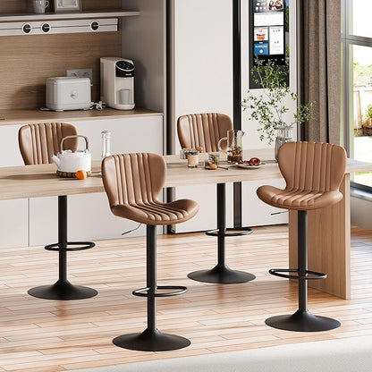 Shintenchi Bar Stools Set of 4 Modern Swivel Bar Chairs, Counter Height Faux Leather Metal Barstools, Upholstered Island Chairs with Back and Footrest, Coffee