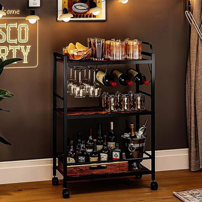 Home Bar Serving Cart, Serving Cart with Wheels and Handle, 3 Tier Rolling Kitchen Cart, Microwave Cart, Beverage Cart with Wine Holder and Glass Holders, for Dinning Room, Living Room, Kitchen