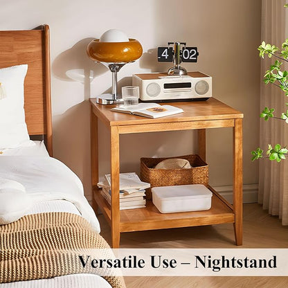 Side Table, Solid Wood Square End Table with Storage Shelf, 2-Tier Coffee Table for Living Room, Rubber Wood Small Sofa Table, Nightstand 23.62 H x 23.62 W x 23.62 D Inches (Natural)