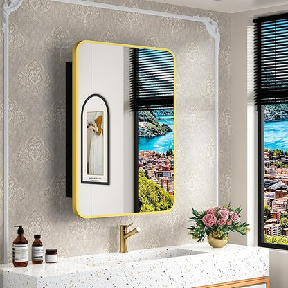 20x28 Inch Gold Recessed Medicine Cabinet with Mirror Metal Framed Surface Wall Mounted Bathroom Medicine Cabinet Mirror with Storage