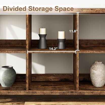 GarveeHome 8 Cube Storage Organizer Bookshelf, 3 Tier Metal Horizontal Bookcase, 62 Inch Console Bookshelf, Industrial Storage Bookcase for Entryway, Long Low Bookshelves for Living Room-Retro Brown