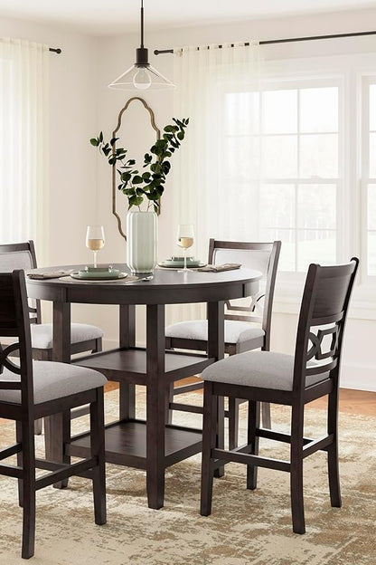 Signature Design by Ashley Langwest Transitional Diamond Patterned Counter Height Dining Table and 4 Upholstered Bar Stools, Set of 5, Dark Brown & Beige