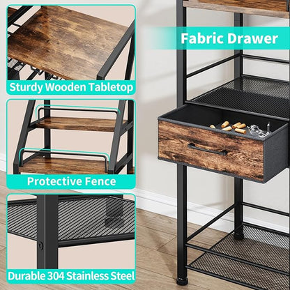 HapiRm Wine Rack Freestanding Floor - Multi-Tier Liquor Cabinet with Fabric Drawer, Liquor Bottle Display Shelf with Glass Holder, Vintage Whiskey Cabinet for Home