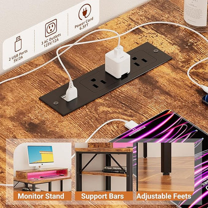 Unikito L Shaped Computer Desk with Magic Power Outlets and Smart LED Light, Sturdy Reversible Corner Desk with Monitor Stand & Storage Shelves, Home Office Work Desk, Easy to Assemble, Rustic