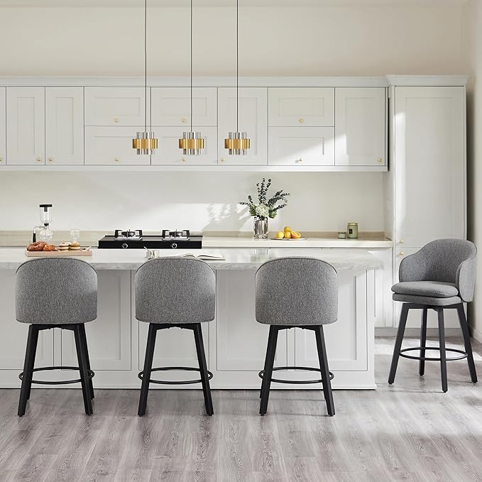 Counter Height Barstools 26 inch Upholstered Swivel Bar Stools with Back and Wood Legs for Kitchen Island,Set of 3,Dark Grey Fabric