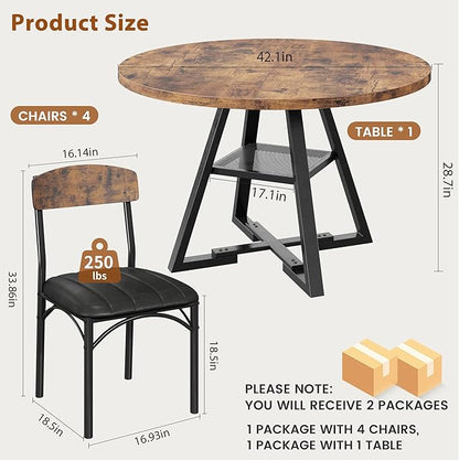 Round Dining Table Set for 4, Kitchen Table and Chairs for 4, Circle Table Round Pedestal Dining Room Dinner Dinette Table Set,5 Piece Space Saving Wood Kitchen & Dining Room Tables Set Furniture