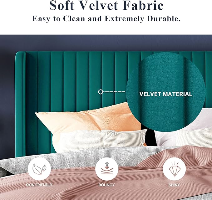 Allewie Queen Size Bed Frame/Velvet Upholstered Platform Bed/Vertical Channel Tufted Wingback Headboard/Strong Wooden Slats/No Box Spring Needed/Easy Assembly/Teal