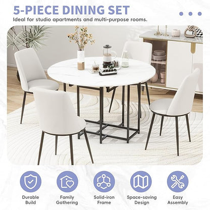 Merax 47.2” Round Dining Table Set for 4, Foldable Kitchen Dining Table with 11.8” Drop Leaves, Faux Marble Top with Golden Frame, 4 Upholstered Chairs (White+Beige)