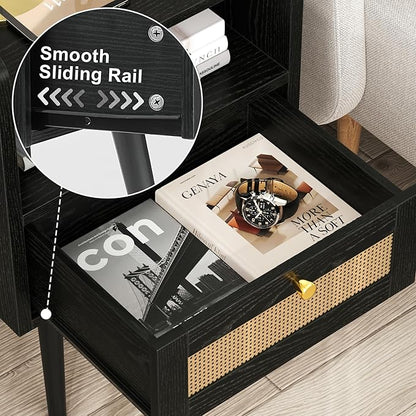 Nightstand Rattan with Charging Station, Mid Century Modern Bed Side Table, Boho End Table with Wood Legs, Bedside Tables for Bedroom Living Room (2, Black, 11.8" D x 15.9" W x 23.4" H (1 Drawers))