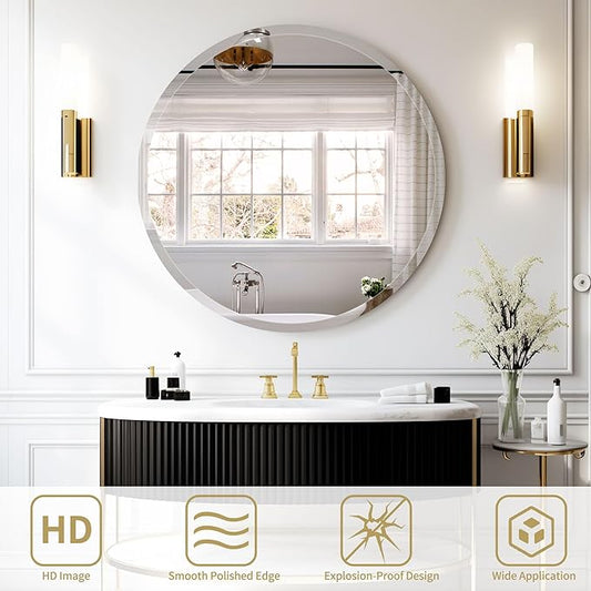 28" Frameless Beveled Round Mirror with 1" Edge for Bathroom, Entryways, Vanity, Wall Decor