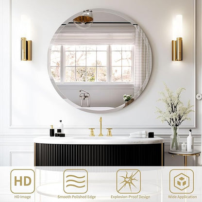 30" Frameless Round Beveled Mirror, 1" Polished Edge Beveled Circle Bathroom Mirror for Wall, Vanity, Entryways