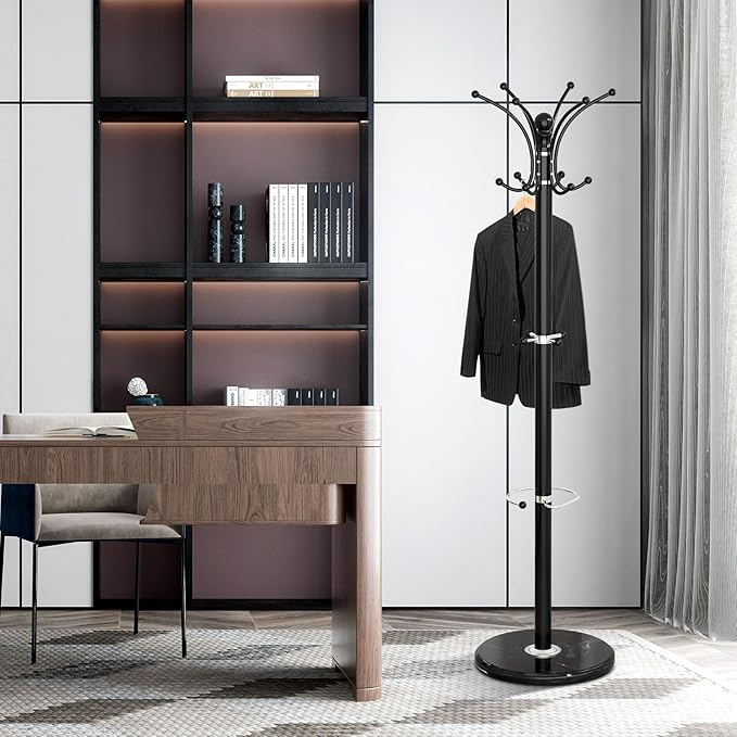 Coat Rack Freestanding with Marble Base, Heavy Duty Clothes Tree with Hooks and Umbrella Storage, Metal Hall Holder for Hanging Jacket, Hats, Scarf, Bag, Suitable for Entryway,Bedroom