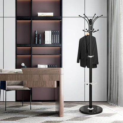 Coat Rack Freestanding with Marble Base, Heavy Duty Clothes Tree with Hooks and Umbrella Storage, Metal Hall Holder for Hanging Jacket, Hats, Scarf, Bag, Suitable for Entryway,Bedroom