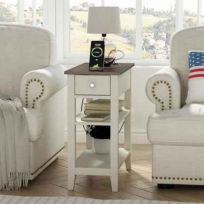 ChooChoo Farmhouse End Table with Charging Station, Narrow Side Table Living Room with USB Ports & Power Outlets and Hidden Drawer,White and Brown
