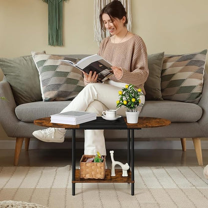 ETELI Small Round Coffee Tables for Small Space Farmhouse Oval Coffee Table with 2-Tier Storage Shelf Circle Center Tea Table for Living