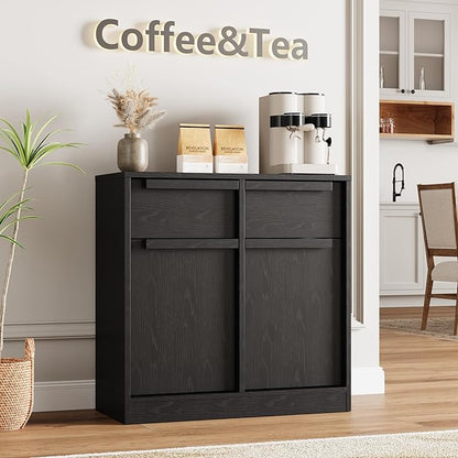 GarveeHome Sideboard Buffet Cabinet with 2 Drawers, 31.5" Large Coffee Cabinet with Storage, Modern Storage Buffet Table for Kitchen Dining Room, Living Room (Black, 2 Doors & 2 Drawers)