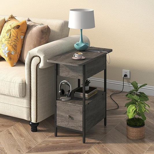 SOOWERY End Table with Charging Station, Narrow Side Table with Flip Top Cabinet and Fabric Drawer, Nightstand Bedside Tables for Small Spaces, Bedroom, Living Room, Dark Grey