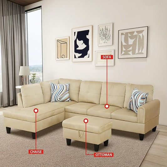 Beige L-Shaped 3-Piece Flannel Sofa with Storage Ottoman Set, Sectional Couch Sofa Set for Living Room, Office, Small Space