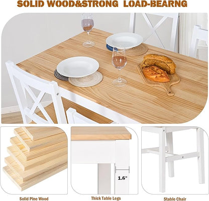 soges 5 Pieces Dining Table Set, Pine Wood Kitchen Table with 4 Chairs, 47.2 inch Kitchen Table Set for 4, Rectangular Dining Table Furniture Set for Kitchen, Dining Room, Dinette, White & Oak