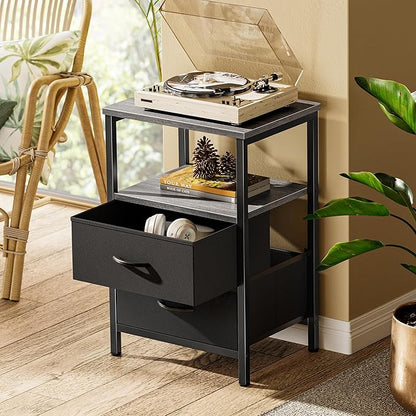 Huuger Night Stand Set of 2, Nightstand with 2 Drawers, Bed Side Table with Open Shelf, Wooden Top, End Table, Fabric Drawer, for Bedroom, Grey