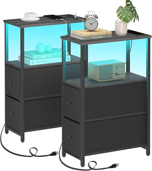 TUTOTAK Small Narrow LED End Table with Charging Station, Side Table Outlets, Nightstand with 2 Cloth Drawers, Set of 2, Couch Table, for Living Room, Bedroom, Bedside, Charcoal Grey TB01BY056