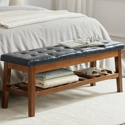 Upholstered Shoe Bench Entryway Bench for Bedroom, End of Bed, Ottoman Bench Tufted Padded Seat with Solid Wood Shelf for Living Room, Faux Leather Ink Blue