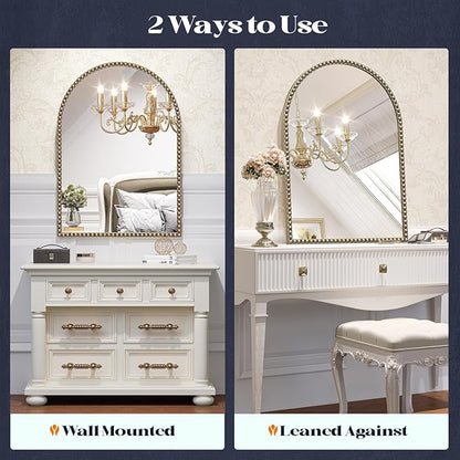 Beaded Arched Mirror for Wall, 30"x40" Gold Arch Brass Bathroom Mirrors, Champagne Bronze Vintage Metal Frame Decorative Mirror for Mantle,Bedroom Dressing Room Entryway Fireplace