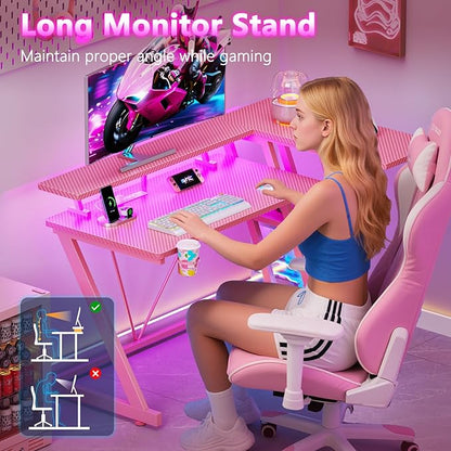 40 Inch Pink Gaming Desk with Power Outlet & LED Lights, Corner Computer Desk with 3 Tiers Storage Shelves, L Shaped Gaming Desk with Monitor Stand for Bedroom