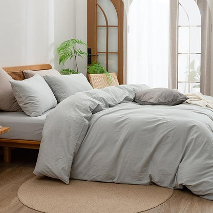 BESTOUCH Duvet Cover Set 100% Washed Cotton Linen Feel Super Soft Comfortable Chic Lightweight 3 PCs Home Bedding Set Solid Northern Droplet Grey Oversized Queen