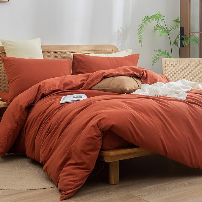 BESTOUCH Duvet Cover Set 100% Washed Cotton Linen Feel Super Soft Comfortable Chic Lightweight 3 PCs Home Bedding Set Solid Burnt Brick Red King
