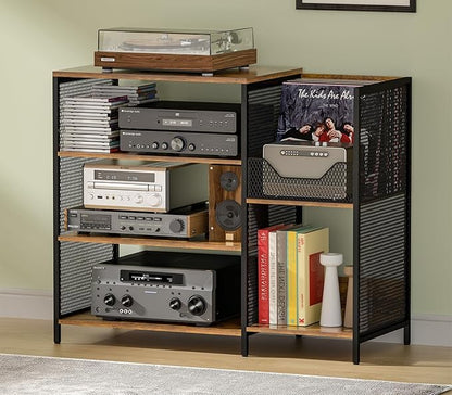 Large Record Player Stand Table with Vinyl Record Holder Up to 150PCS, AV Media Stand Stereo Cabinet Shelf Rack Tower with Storage, Sturdy, Adjustable Feet, Rustic, Large Capacity