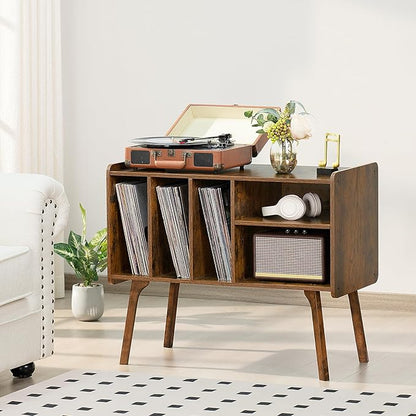 Lerliuo Record Player Stand with 4 Cabinet Holds Up to 220 Albums, Large Turntable Stand with Beech Wood Legs, Mid-Century Record Player Table,Brown Vinyl Holder Storage Shelf for Bedroom Living Room