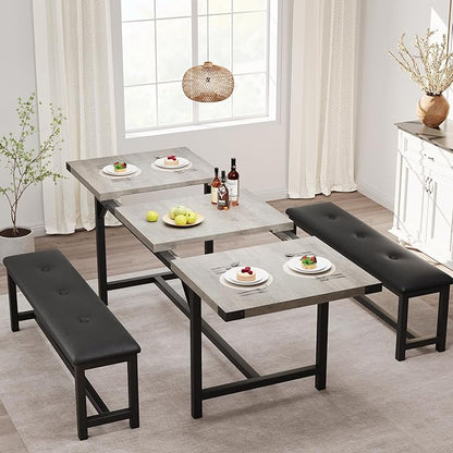 3-Piece Dining Table Set for 4-6 People, Extendable Kitchen Table Set with 2 Upholstered Benches, Dining Room Table Set for Apartment, Kitchen, Living Room, Gray