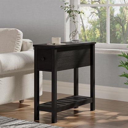 ChooChoo Narrow End Table, Small Side Table for Small Spaces, Slim End Table with Drawer, Narrow Nightstand Bedside Table for Living Room Bedroom, Black, 2 Pack