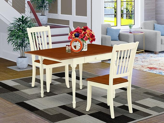East West Furniture MZDA3-WHI-W 3 Piece Dining Table Set for Small Spaces Contains a Rectangle Dining Room Table with Dropleaf and 2 Wooden Seat Chairs, 36x54 Inch, Buttermilk & Cherry