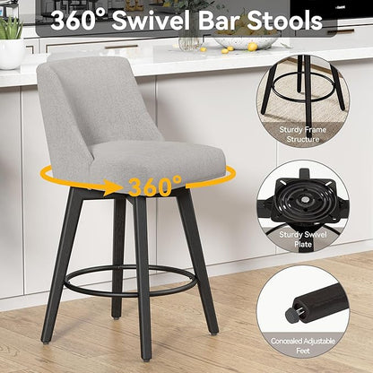 Counter Height Swivel Bar Stools Set of 2, 26 Inch Bar Stools with Footrest, Linen Fabric Upholstered Barstools with Back and Solid Wood Legs for Kitchen Island, Dining Room,Pub,Light Grey